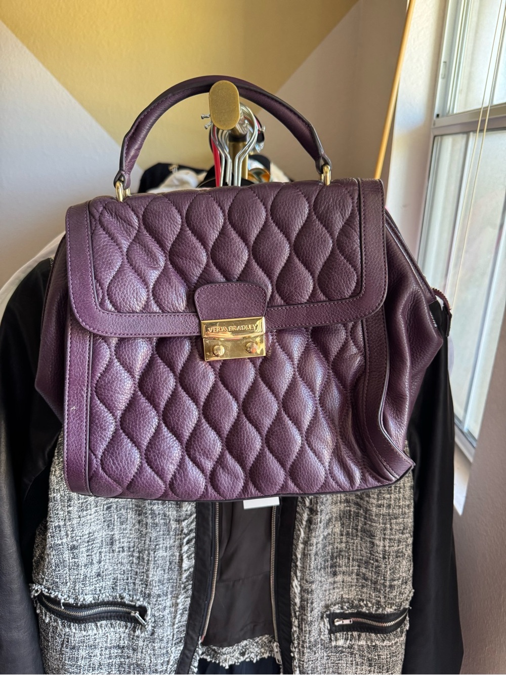 Vera Bradley Leather Quilted Top-Handle Satchel in Deep Plum